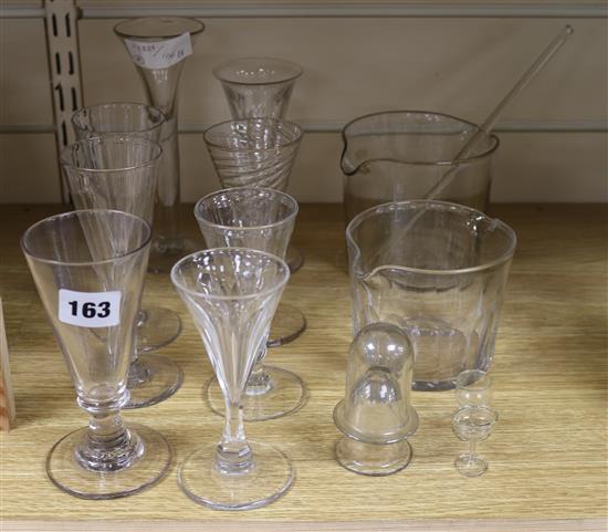 Eight glasses, two beakers, a mixer, two measures and two small glasses tallest 18.5cm